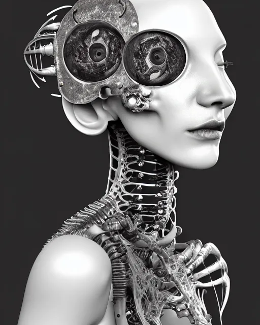 Image similar to black and white dreamy foggy smoky profile face portrait, one silver steampunk realistic eye biomechanical beautiful young female cyclope - cyborg - robot bust, body ribs meshes,, volumetric light, hibiscus flowers, by hg giger, rim light, by dora maar and cecile beaton, big gothic fashion pearl embroidered collar, 8 k