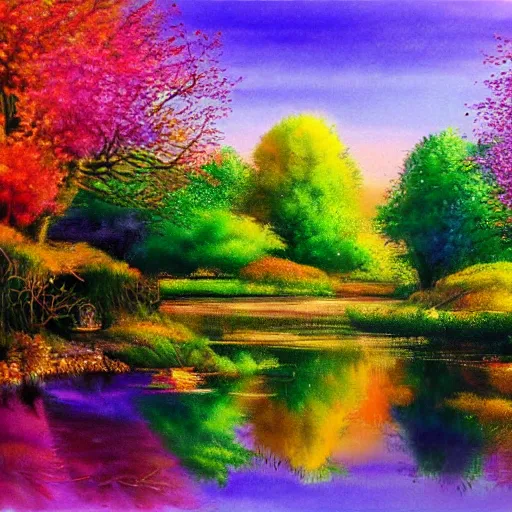 Image similar to beautiful pond with reflections of trees colorful magical realism detailed painting 4 k