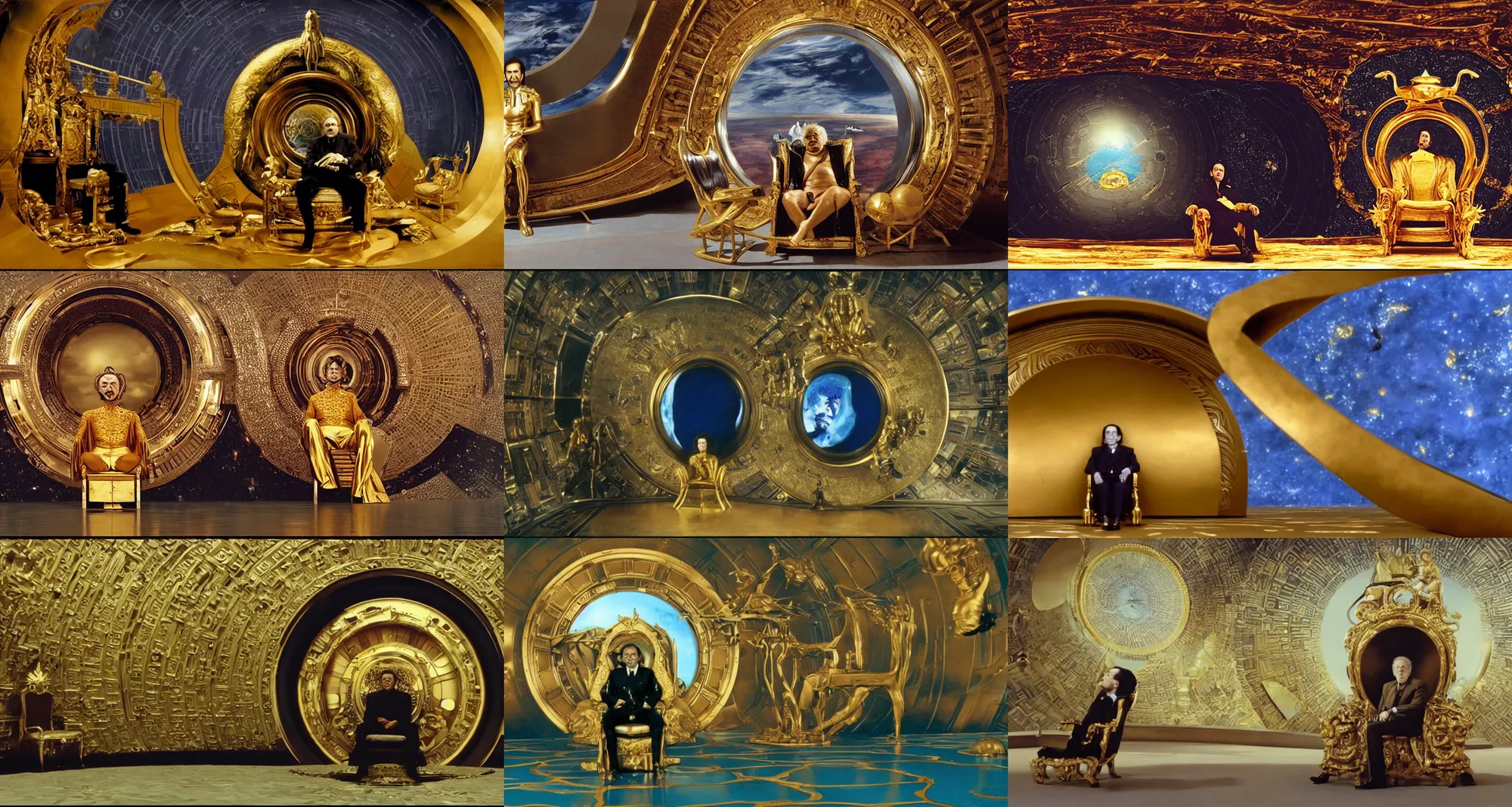 Prompt: salvador dali as emperor of universe sits on gold futuristic chair in front of huge central porthole in which is visible highly detailed planet arrakis | still frame from the movie by alejandro jodorowsky with cinematogrophy of christopher doyle and art direction by hans giger, anamorphic lens, kodakchrome, 8 k