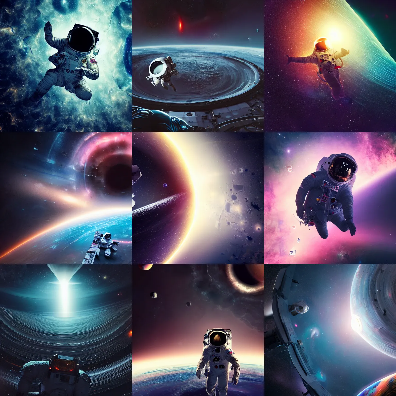 Prompt: photograph of an astronaut getting sucked into the black hole, hypermaximalist, detailed, 4k, breathtaking stars, space background, surrealism, concept art, digital art,sharp focus, octane render, Trending on DeviantArt