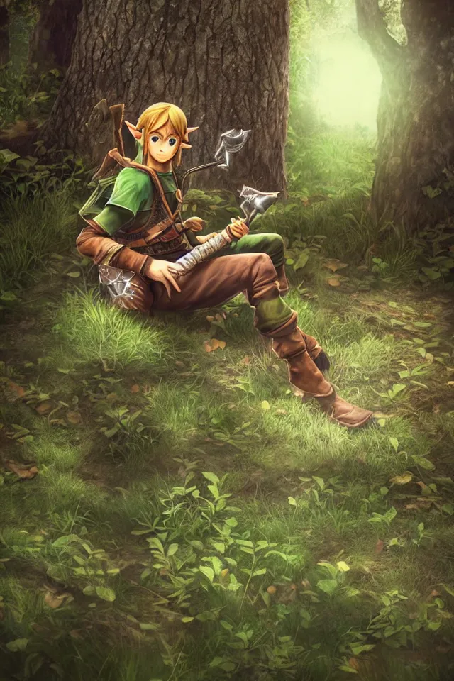 Image similar to a photorealistic portrait of link sitting in woods of hyrule playing ocarina, with a ultra detailed texture and a dreamy atmosphere, hdr, cinematic scene, beautiful light