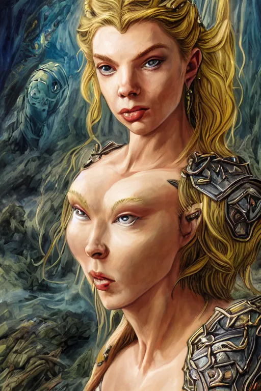 Image similar to A fantasy comic book style portrait painting of Cory Chase, hybrid, Anya Taylor-Joy, as an Atlantean Reptilian Warrior, François Boucher, Oil Painting, Mystical, Modest, Valkyrie, wearing intricately designed, jewel inlaid Armor, unreal 5, DAZ, hyperrealistic, octane render, Regal, Refined, Detailed Digital Art, RPG portrait, William-Adolphe Bouguereau, Michael Cheval, Walt Disney (1937), Steampunk, dynamic lighting, Highly Detailed, Cinematic Lighting, Unreal Engine, 8k, HD