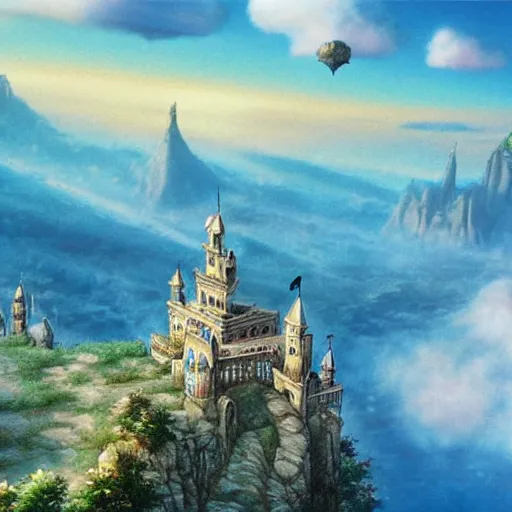 Image similar to A beautiful detailed landscape matte painting of Castle in the Sky, by Hayao Miyazaki