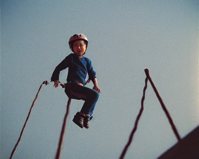 Image similar to lomo photo out of focus of roofjumpers climbing on roof of soviet hrushevka, small town, cinestill, bokeh, out of focus