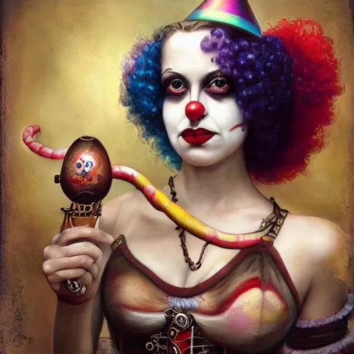 Prompt: photorealistic soft paint of a curiosities carnival, single beautiful clown in a full steampunk corset very long snakes hairs, symmetry accurate features, ominous depths, elegance, focus, rainbow lighting, very high details, award winning masterpiece, behance, by tom bagshaw