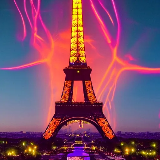 Image similar to Eiffel Tower covered in purple lovecraftian tendrils and glowing orange eyes