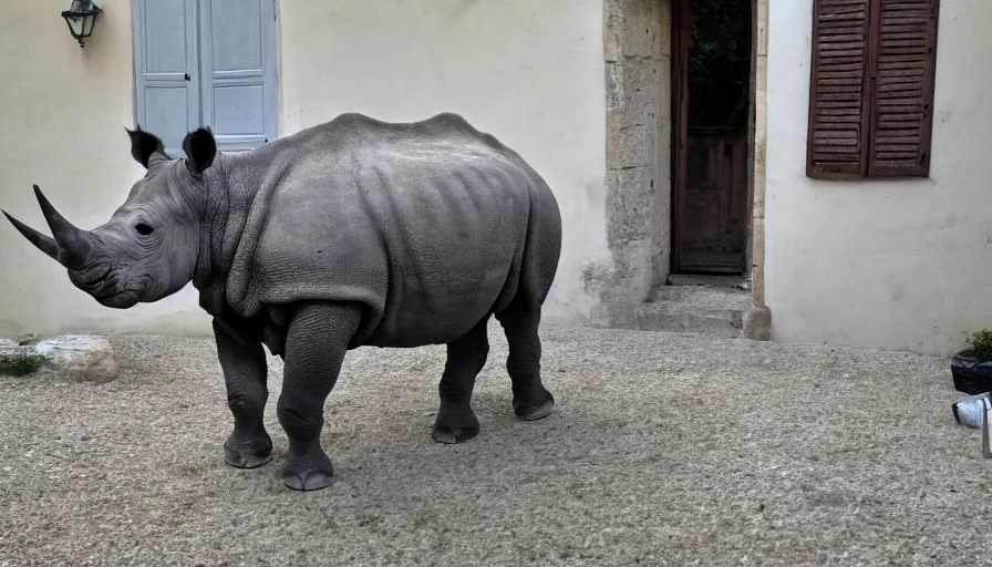 Prompt: a rhinoceros in a southern france townhouse, by mini dv camera, very low quality, heavy grain, blurry, caught on trail cam