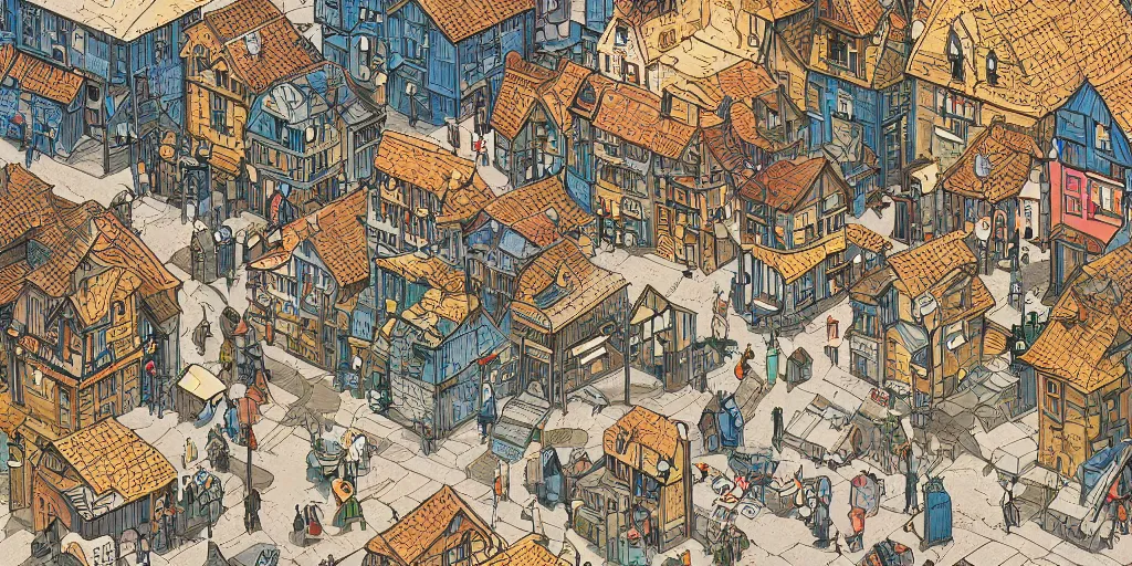 Prompt: isometric view illustration of a medieval village street corner, highly detailed, mid day by Victo Ngai