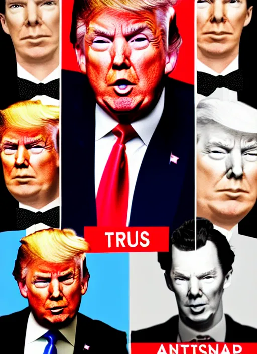 Prompt: trump, benedict cumberbatch is united states president donald trump, 8 0's movie poster, trump hair, theatrical poster, vibrant fan art, digital art, trending on artstation, minimalist