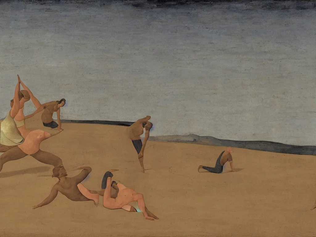 Image similar to Woman and man doing yoga in the sand, mud. Dark gradient sky. Landscape sculpted by Henri Moore. Painting by Piero della Francesca, Morandi, Balthus