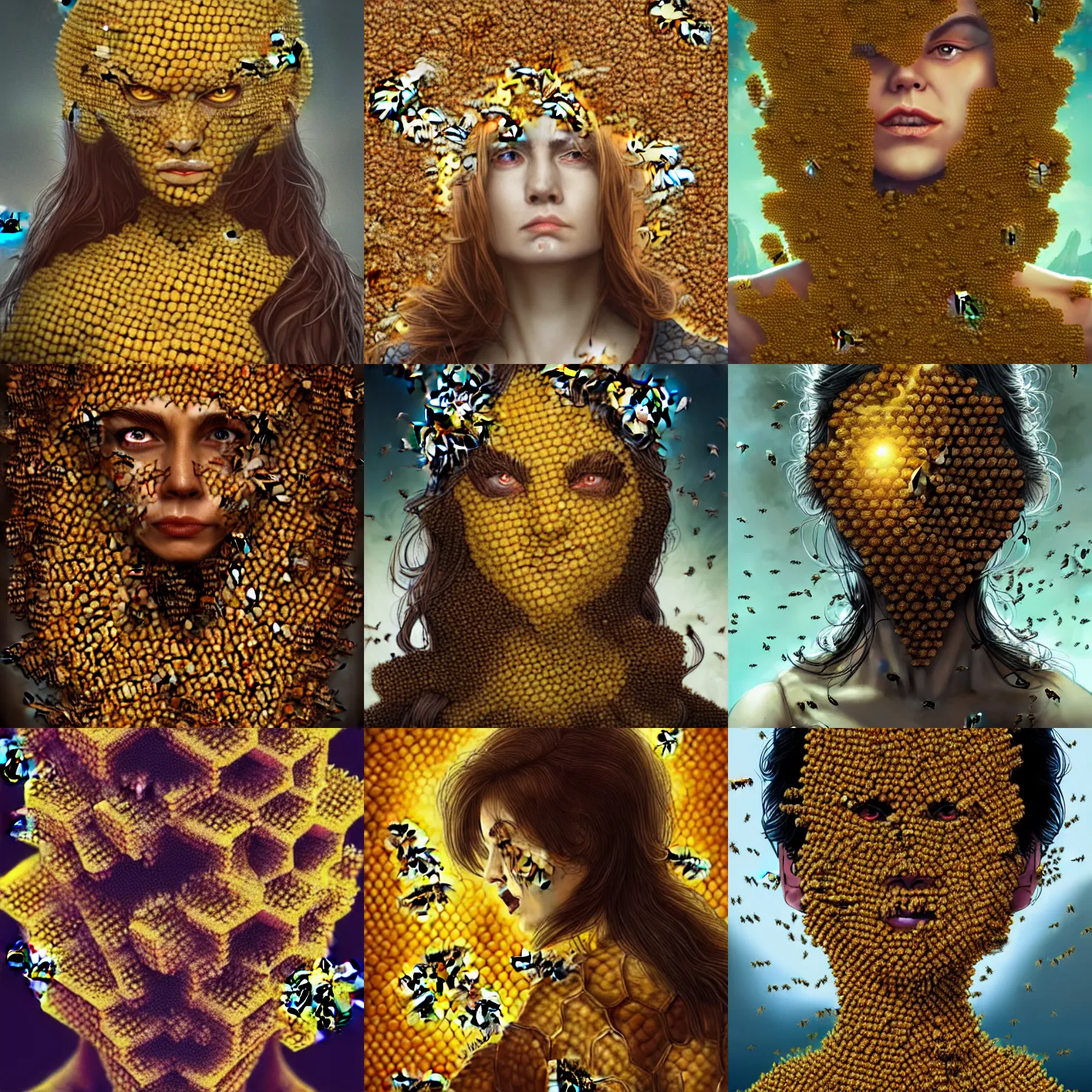 Image similar to The angry, agonizing face of a woman who is a swarm of bees made of bees surrounded by bees🐝🐝🐝 fantasy artwork, very very beautiful, trending on artstation