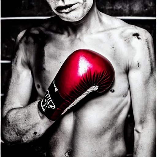 Image similar to portrait of nosferatu after boxing, brews blood, sweating, boxing gloves, 5 0 mm lens, realistic photography