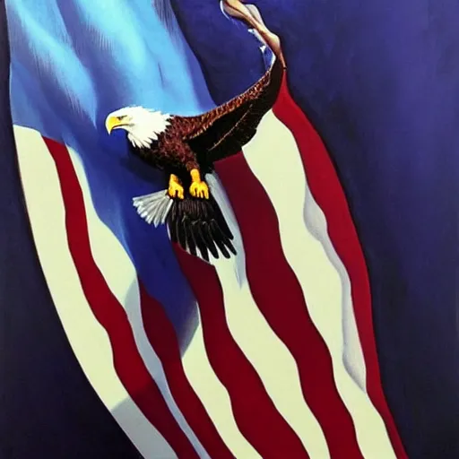 Prompt: alex ross painting crying bald eagle in front of american flag, proud, heroic