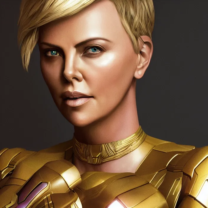 Image similar to portrait of (Charlize Theron), wearing The Infinity Gauntlet. intricate artwork. high detail, HD, octane render, trending on artstation, very coherent symmetrical artwork. avengers. thanos. cinematic, hyper realism, high detail, octane render, 8k, iridescent accents