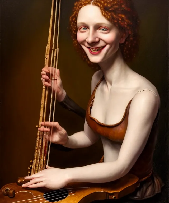 Prompt: hyperrealistic mixed media painting of a young beautiful pale-skinned grinning female bard, dimly lit cozy tavern, leather tunic, confident relaxed pose, dark hair, musical lute in hand, d&d, stunning 3d render inspired art by Tim Okamura and Lise Deharme + perfect facial symmetry + dim volumetric lighting, 8k octane beautifully detailed render, post-processing, extremely hyperdetailed, intricate, epic composition, grim yet sparkling atmosphere, cinematic lighting + masterpiece, trending on artstation, very very detailed, masterpiece, stunning