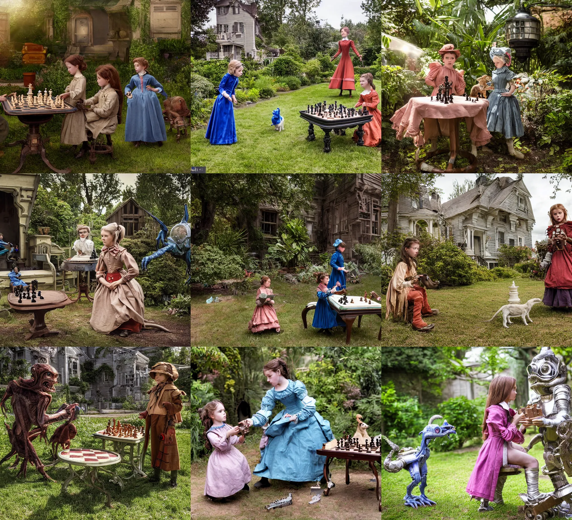 Prompt: sharp, highly detailed, still from a sci fi blockbuster color movie made in 2019, set in 1860, of a girl playing chess with their small pet humanoid alien creature, in the garden of a house on an alien planet, are all wearing 1860s era clothes, cinematic lighting, 350mm f/1.4L lens