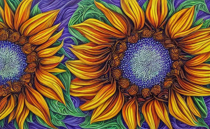 Prompt: a Photorealistic dramatic hyperrealistic sunflowers by Alex Grey