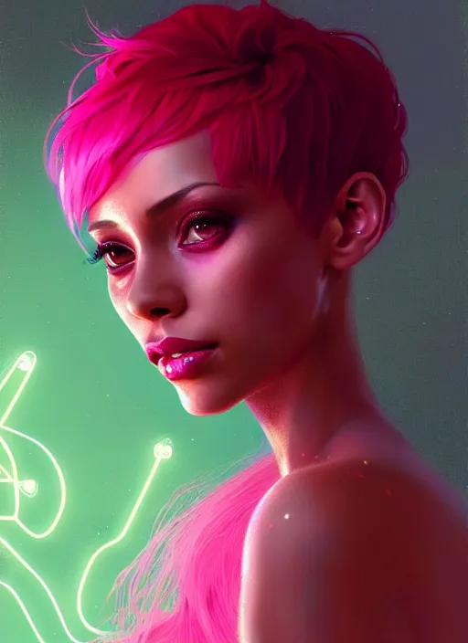 Image similar to portrait of vanessa morgan with bright pink hair, curly pixie cut hair, intricate, elegant, glowing lights, highly detailed, digital painting, artstation, concept art, smooth, sharp focus, illustration, art by wlop, mars ravelo and greg rutkowski