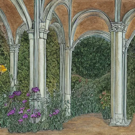 Prompt: delicate garden on paper, spirals stony, floating robes, puffy, vines, botanical herbarium, botanic watercolors, coastline, iridescent, 8 k wide angle, realistic shaded, fine details, artstation, italian, rainbow, colonnade, oak, pinecone, gardena architecture, pompeii, naples, sicilian, boundary walls