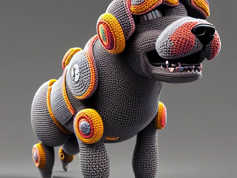 Image similar to multicolored crocheted cyborg dog, rpg reference, oil painting, trending on artstation, octane render, insanely detailed, 8 k, hd