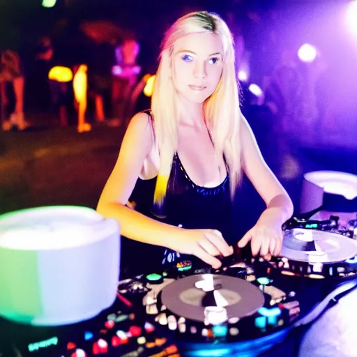 Image similar to A young, blonde-haired woman with soft facial features and blue eyes, 35mm photograph, neon lights in the background, DJing at coachella