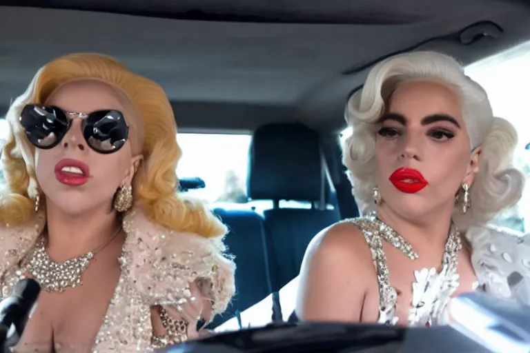 Image similar to lady gaga and judy garland in carpool karaoke, lady gaga, judy garland, red weapon 8 k s 3 5, cooke anamorphic / i lenses, highly detailed, cinematic lighting