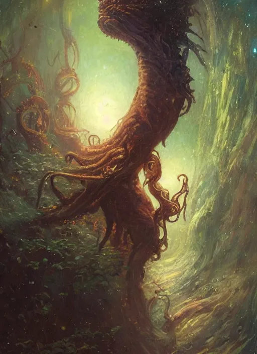 Image similar to my bed is a forest with a giant cthulhu eyes in the night star galaxie by gaston bussiere, anna nikonova aka newmilky, greg rutkowski, yoji shinkawa, yoshitaka amano, moebius, donato giancola, geoffroy thoorens, trending on artstation, featured on pixiv, cinematic composition