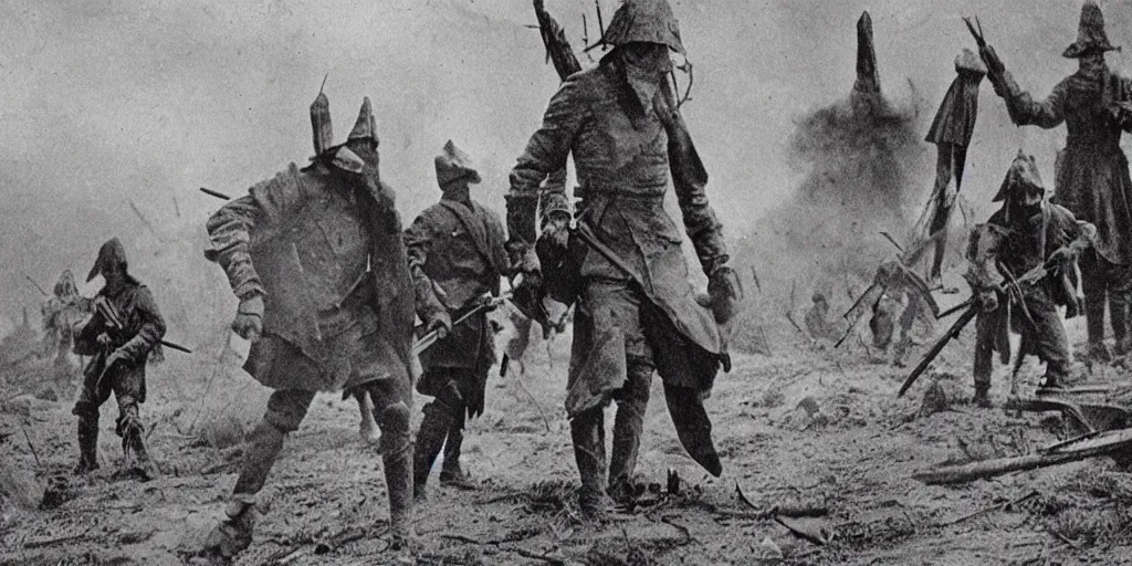 Image similar to scary unproportionable tall ghost creature in the middle of a battlefield, 1900s picture