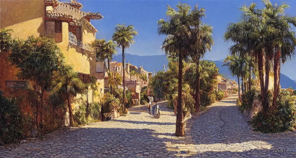 Image similar to Ted Nasmith painting of a Marbella city street landscape