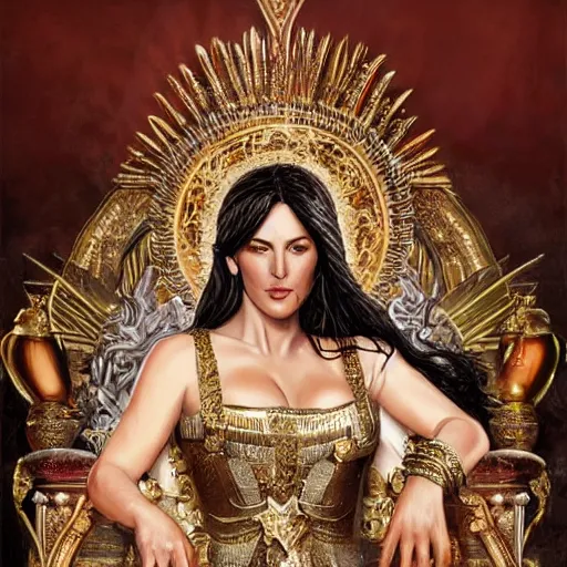 Prompt: Monica Bellucci as a Goddess sitting on a throne, Highly detailed, concept art