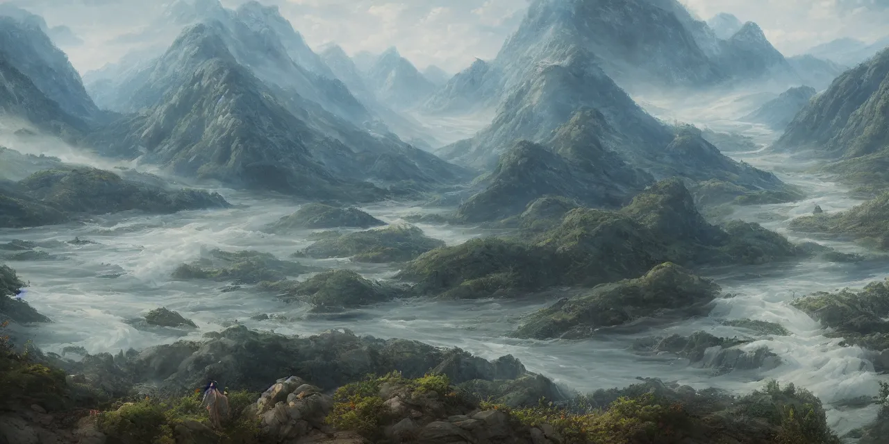 Image similar to a beautiful painting of a scene about a panorama of rivers and mountains, by yuumei and james jean, trending on artstation., ultrawide viewn and highly detailed matte painting