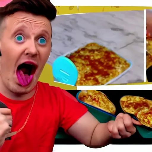 Image similar to Wigeusz YouTuber screaming at children eating his lasagne