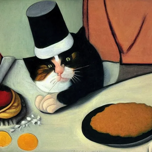 Prompt: a highly detailed painting of a cat with a chef hat baking cookies, done in the style of matisse, caravaggio