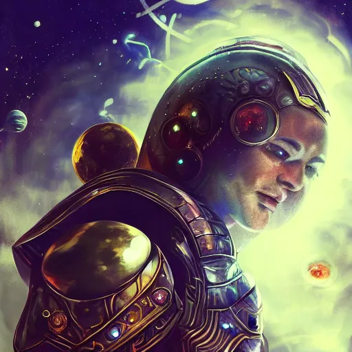 Image similar to photorealistic fantasy cosmic concept art of a cosmic god with armor made out of planets and dark matter, hovering in a unknown galaxy, fully body portrait, cinematic, dynamic lighting, ultra detailed, creative, trending on art station, stunning visuals, creative