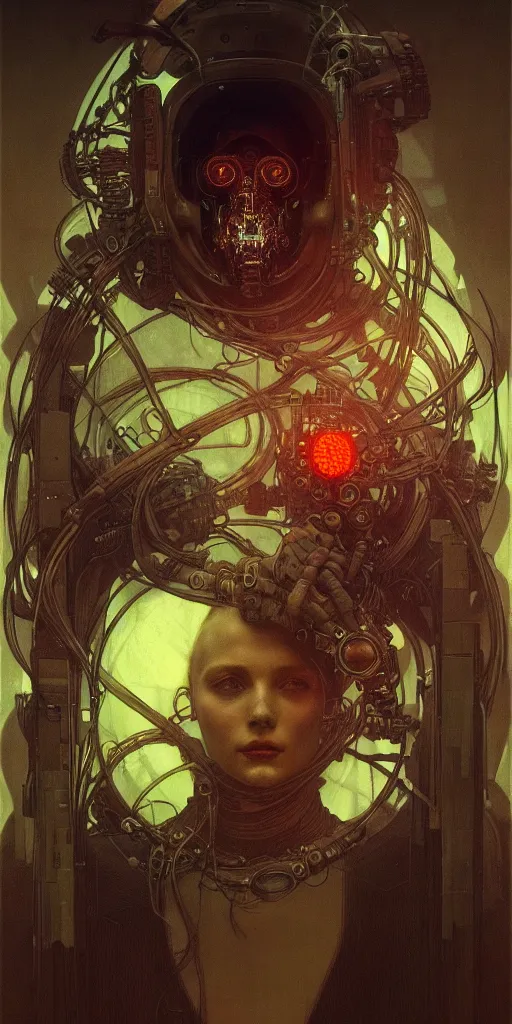 Image similar to ultra detailed, realistic cyberpunk portrait of one character, sci fi, cybernetic, wires, ar nouveau, by alfons maria mucha and zdzisław beksinski, dark mood, high detailed, 4 k, hd, high quality