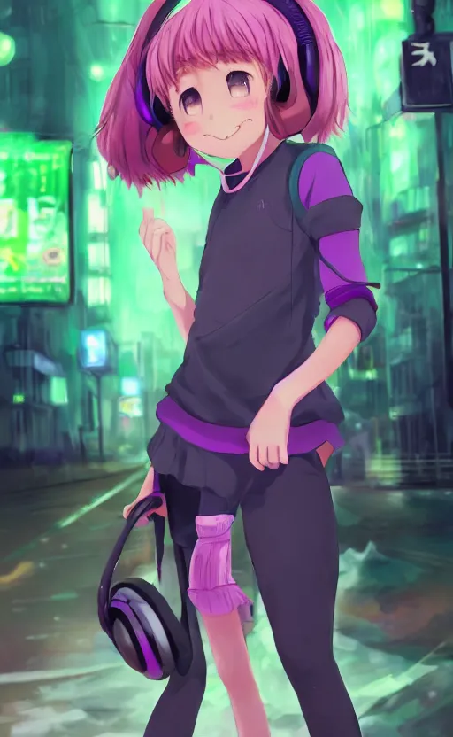 Image similar to anime girl with pink ponytail, wearing purple headphones, wearing a green sweater, with a smile on her face and her eyes closed, walking down a street, dynamic lighting, photorealistic fantasy concept art, trending on art station, very detailed, anime concept art, stunning visuals, creative, cinematic, ultra detailed