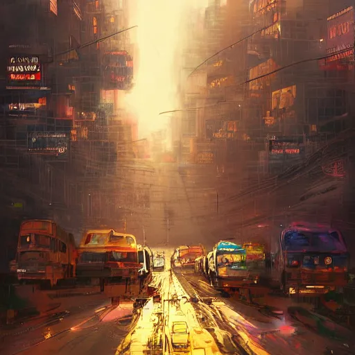 Prompt: mumbai in the future, city streets, golden hour, distopian fantasy, trending on pixiv