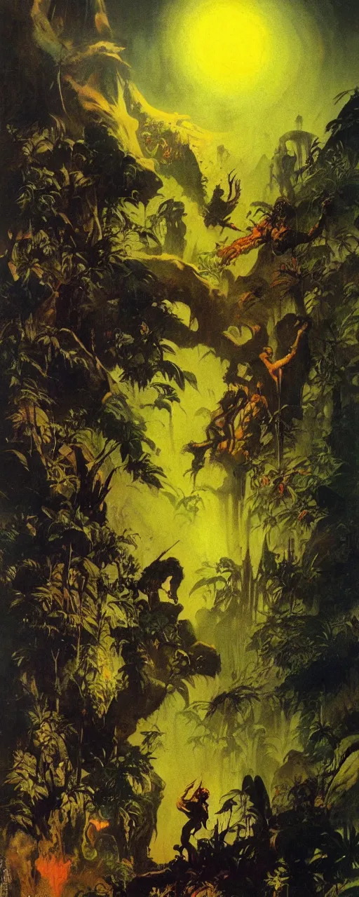 Image similar to frazetta painting of mystic cinematic jungle , nighttime ,daytime , backlight , detailed visible brushmarks