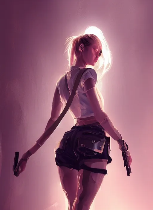 Image similar to a beautiful girl posing on the floor, wearing shorts with suspenders, cyberpunk, dramatic lighting, high detail, concept art, artstation, by Paolo Eleuteri Serpieri