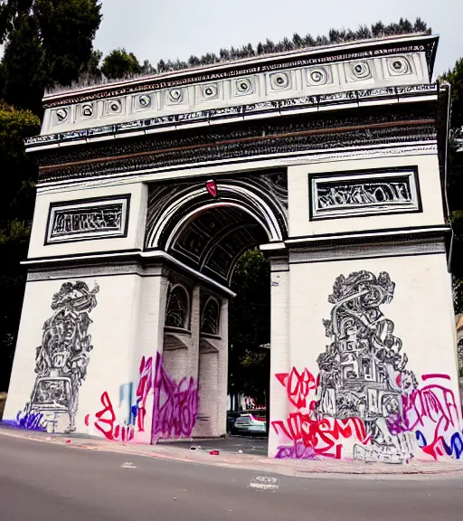 Image similar to photo of the arc de triomphe full of graffiti