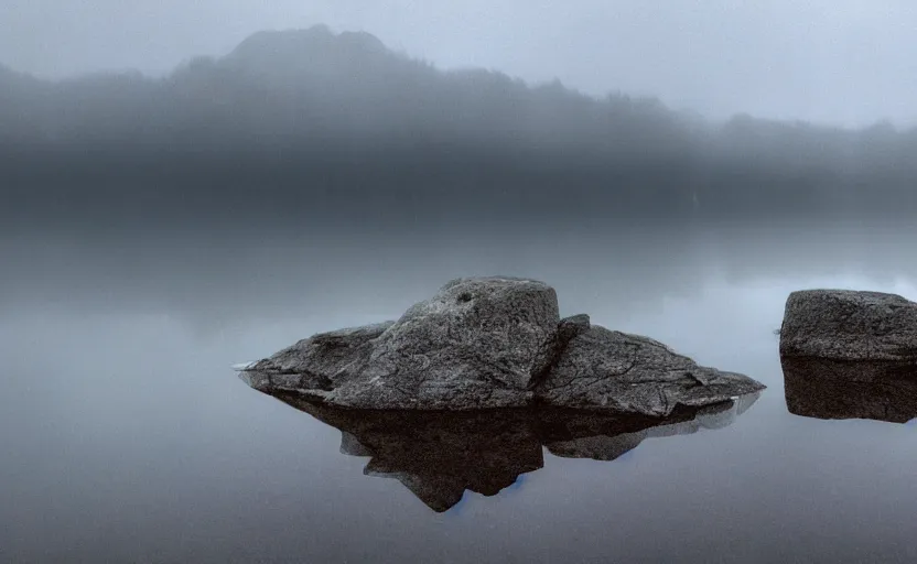 Image similar to extreme low angle showing the surface of a lake with a rocky lake shore in the foreground, scene from a film directed by charlie kaufman ( 2 0 0 1 ), foggy volumetric light morning, moody cinematography, cinematic trending on artstation in the style of greg rutkowski,