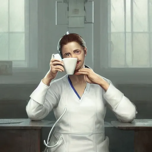 Image similar to a portrait of an nurse in a white uniform sitting and drinking coffee, Matte painting , detailed painting, greg rutkowski