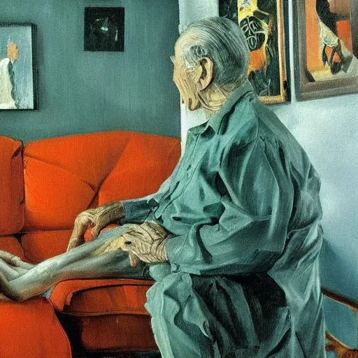 Image similar to high quality high detail painting of a old couple in a soviet living room by lucian freud and zdzislaw beksinski and francis bacon, hd, dark atmosphere, turquoise and orange