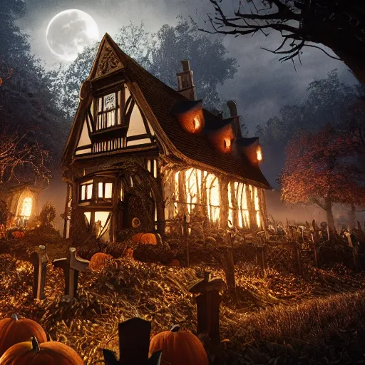 Prompt: a highly detailed old english tudor cottage in a scary pumpkin patch and graveyard, volumetric, fall colors, night, dead tree forest, pumpkins, moon, photorealistic, insanely detailed and intricate, epic scene, volumetric haze, hyper realistic, elegant, ornate, elite, horror, creepy, ominous, haunting, cinematic lighting, unreal engine, symmetrical, cinematic centered camera, high detail