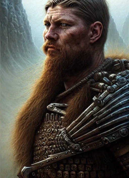 Image similar to closeup portrait shot of a viking warrior in a scenic dystopian environment, intricate, elegant, highly detailed, centered, digital painting, artstation, concept art, smooth, sharp focus, illustration, artgerm, tomasz alen kopera, peter mohrbacher, donato giancola, joseph christian leyendecker, wlop, boris vallejo