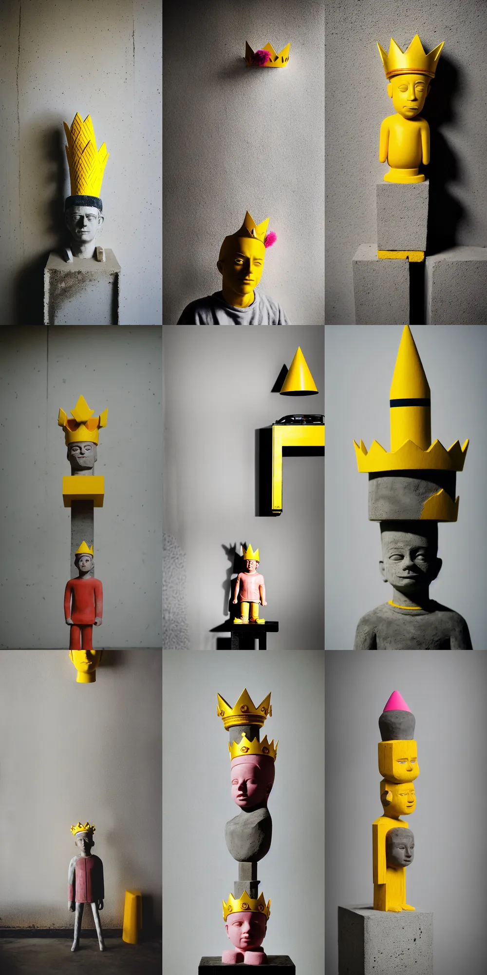 Image similar to kodak portra 4 0 0, 8 k, shot of a highly detailed, britt marling style, colour still - life portrait of a large minimalistic room, rough concrete walls, the wooden statue of a yellow black striped little man with pink crown on his head