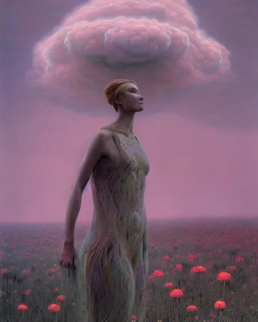 Image similar to A portrait of a woman wearing clothes made out of thunder clouds and flowers, apocalypse, nuclear explosion in the background, liquid skin, Masterpiece, glowing, wires everywhere, by Edgar Maxence and Ross Tran, Zdzisław Beksiński, and Michael Whelan, distant, gustav dore, H.R. Giger, 8k, octane render