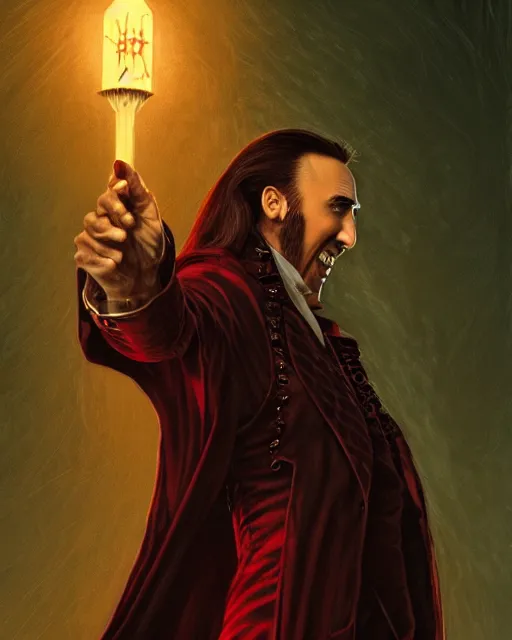 Prompt: nicolas cage as dracula, dogtooth, highly detailed, centered, artstation, concept art, smooth, sharp focus, illustration, bokeh art by artgerm and donato giancola and joseph christian leyendecker