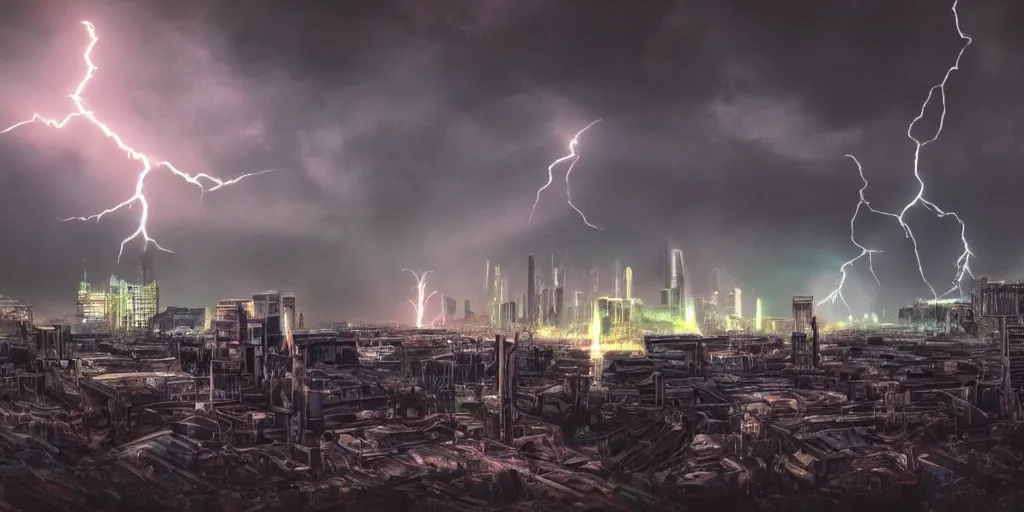 Image similar to post apocalyptic landscape lightning buildings neon lasers