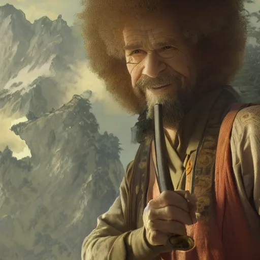 Prompt: an ultra detailed matte painting of bob ross smoking a pipe and dressed as a wandering ronin samurai, d & d, epic fantasy, concept art by alphonse mucha and greg rutkowski, octane render, 8 k, detailed face